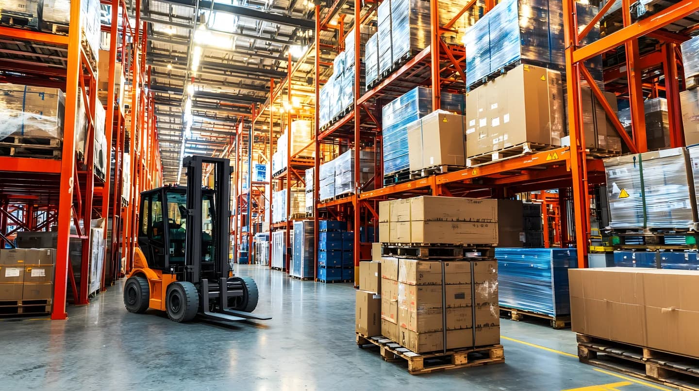 A forklift, palletised goods and cartons in a warehouse